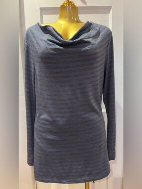 Ibex Diana Cowl Neck Top - 100%
Merino Wool - Blue & Gray Stripe - Size L